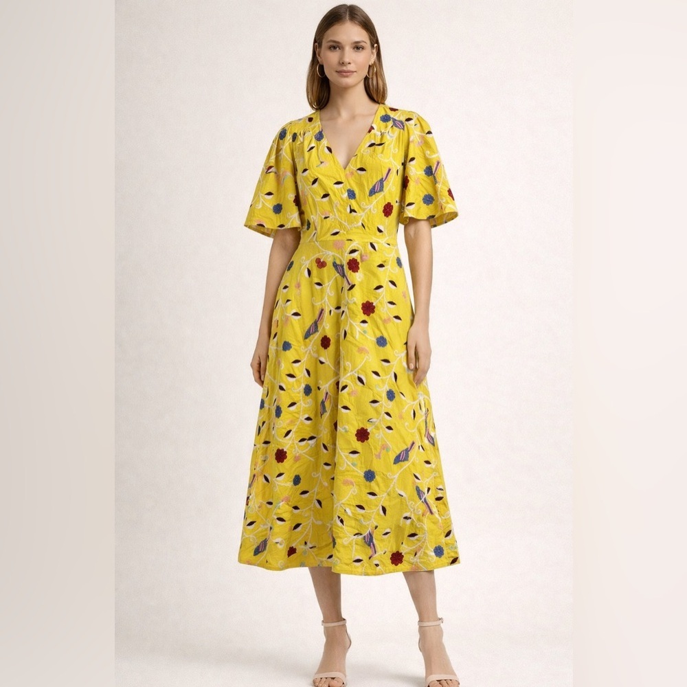 Pearl by Lela Rose Yellow Embroidered Bird Floral Midi Dress Size 8 Pockets